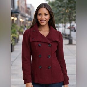 H&M Women's Double-Breasted Maroon Pea Coat
